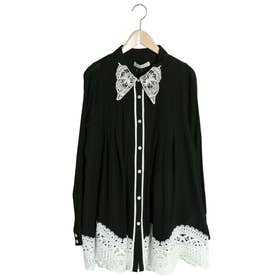 蝶襟裾レースチュニックシャツ （ブラック）