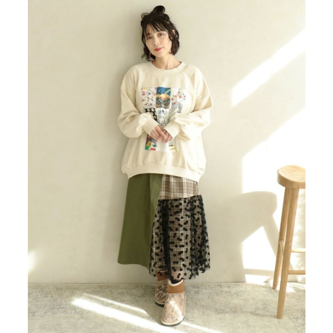 スカラー ScoLar 異素材切替刺繍スカート （ブラック） -ファッション 