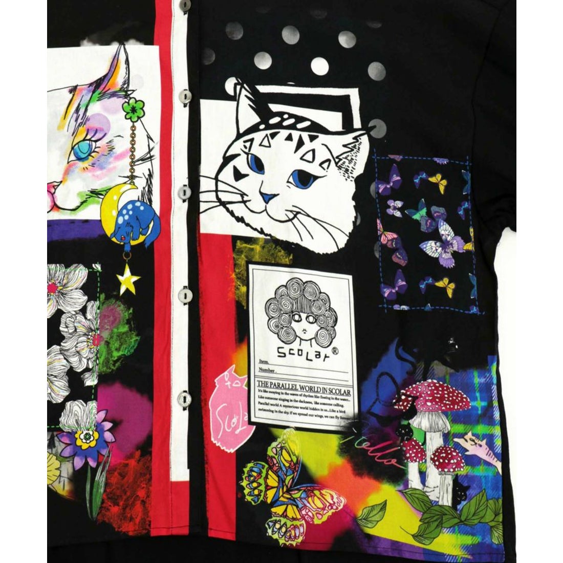スカラー ScoLar ネコ花蝶アートプリントシャツ （オフホワイト） -靴 