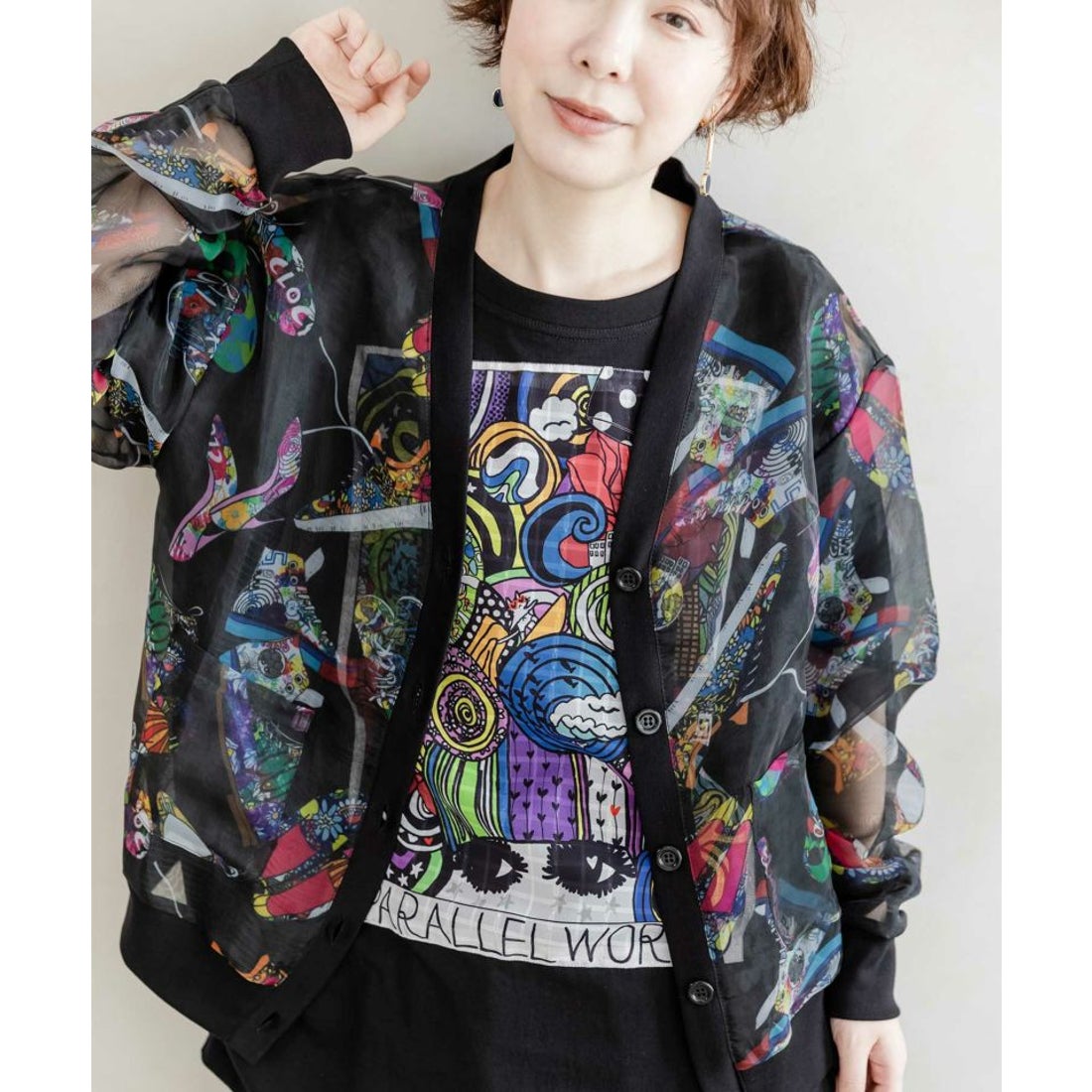 スカラー ScoLar ScoLarシューズ総柄 オーガンジーカーディガン 