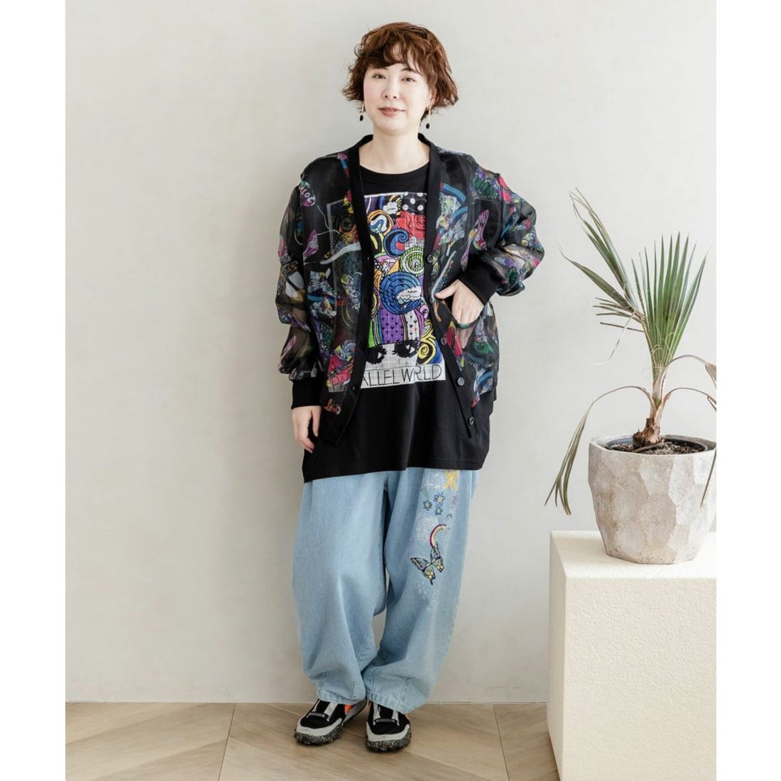 スカラー ScoLar ScoLarシューズ総柄 オーガンジーカーディガン 