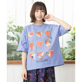 イチゴと花ハートプリントTシャツ （ブルー）
