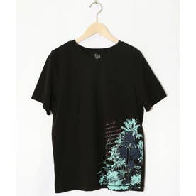 南国の海とフラミンゴプリントTシャツ （ブラック）