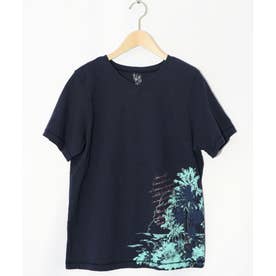 南国の海とフラミンゴプリントTシャツ （ネイビー）
