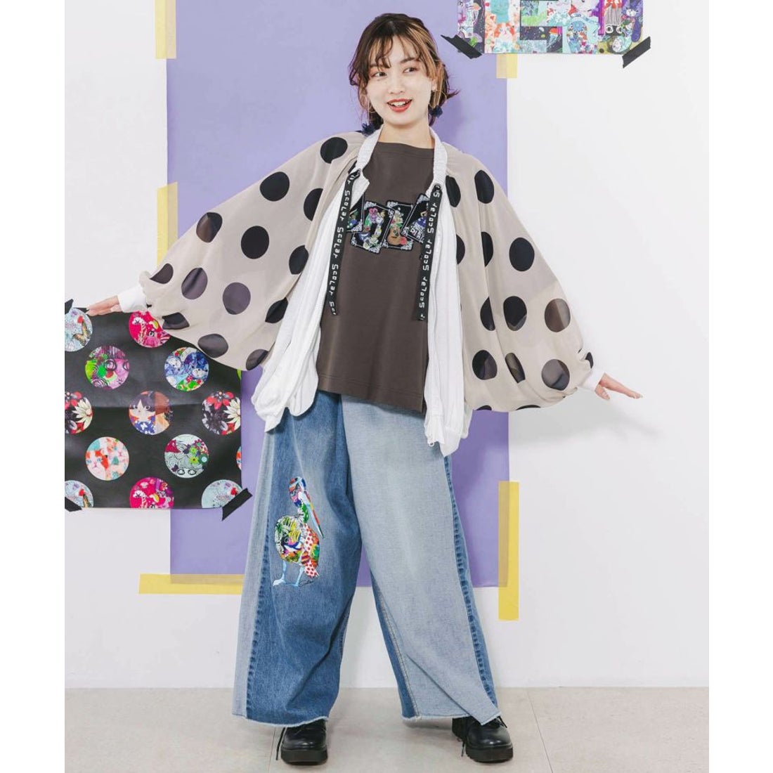 スカラー ScoLar ドット×シフォン切替 ドルマンパーカー （オフ 