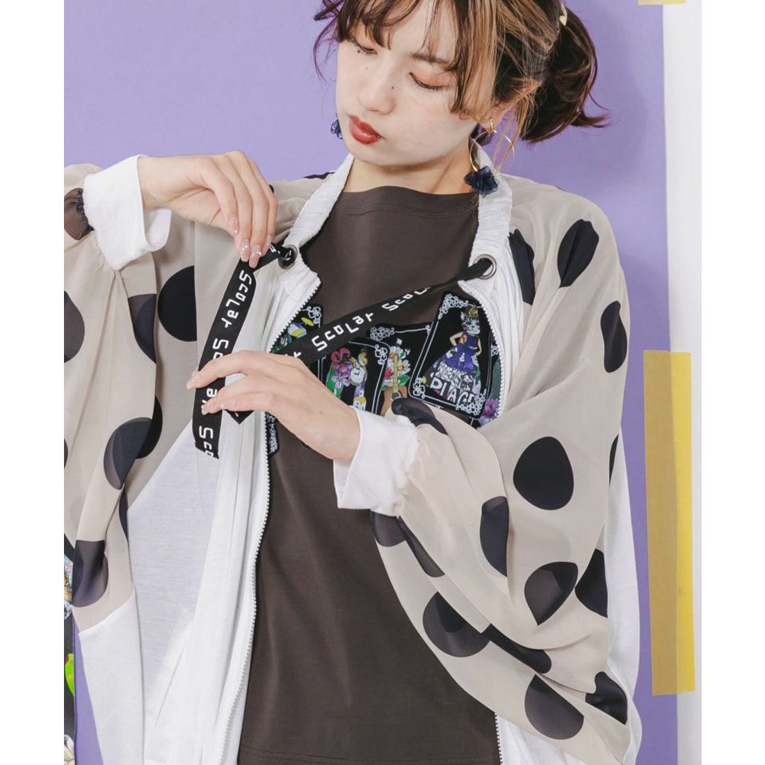スカラー ScoLar ドット×シフォン切替 ドルマンパーカー （オフ 