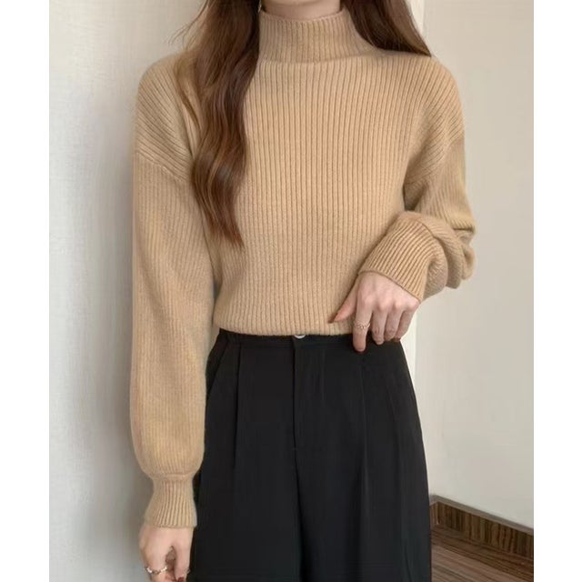 ボリューム袖ハイネックリブニットプルオーバー （ベージュ）
