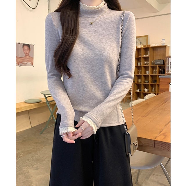 レースフリルプチハイネックトップス （ベージュ）