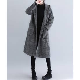 フード付きグレンチェックロングコート （ブラック）