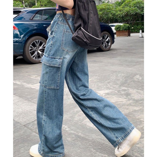 カーゴデニムパンツ ワイドパンツ デニム パンツ 体型カバー ルーズ ゆったり ウエストゴム 韓国ファッション （ブルー）