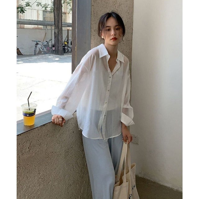 
                    バックリボンシアービッグシャツ シアーシャツ ゆったり 体型カバー 韓国ファッション （ホワイト）