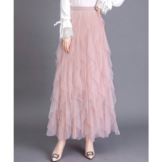 
                    Aラインロングランダムチュールスカート ハイウエスト ゆったり オールシーズン 韓国ファッション （ピンク）