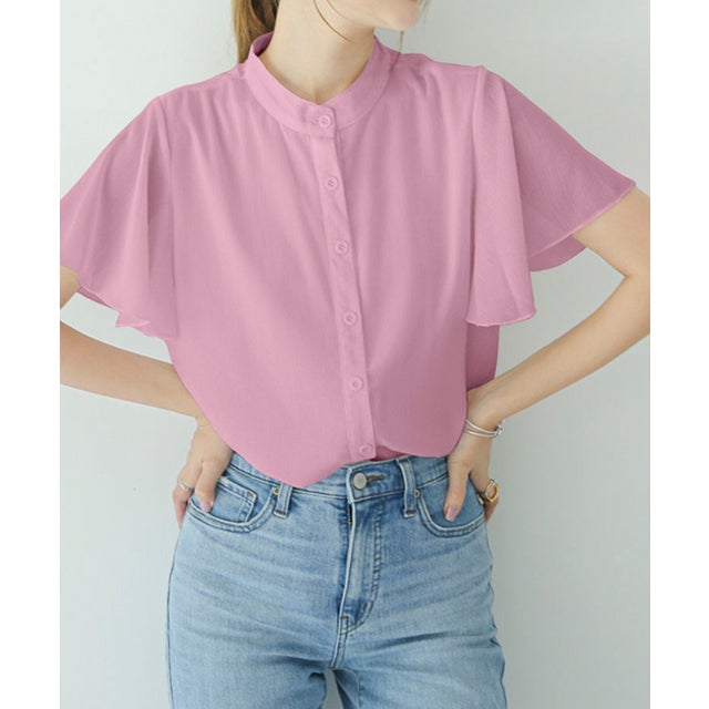 
                    楊柳ラッフルスリーブブラウス オフィスカジュアル きれいめカジュアル 体型カバー 韓国ファッション （ピンク）