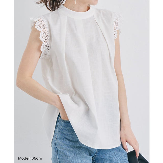 
                    綿100％ 袖レースフレンチスリーブブラウス きれいめ オフィスカジュアル 韓国ファッション （ホワイト）