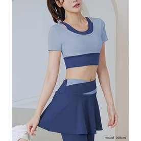 カップ付半袖トップ ブラトップ スポブラ ヨガ ジム インナー キャミソール タンクトップ 韓国ファッション （ブルー）