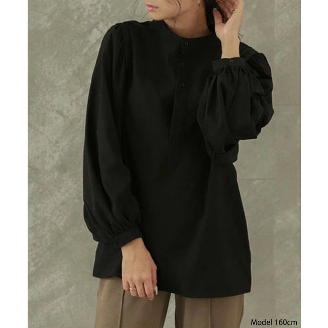 
                    バルーンスリーブノーカラーブラウス 長袖 二の腕カバー オフィスカジュアル 韓国ファッション （ブラック）