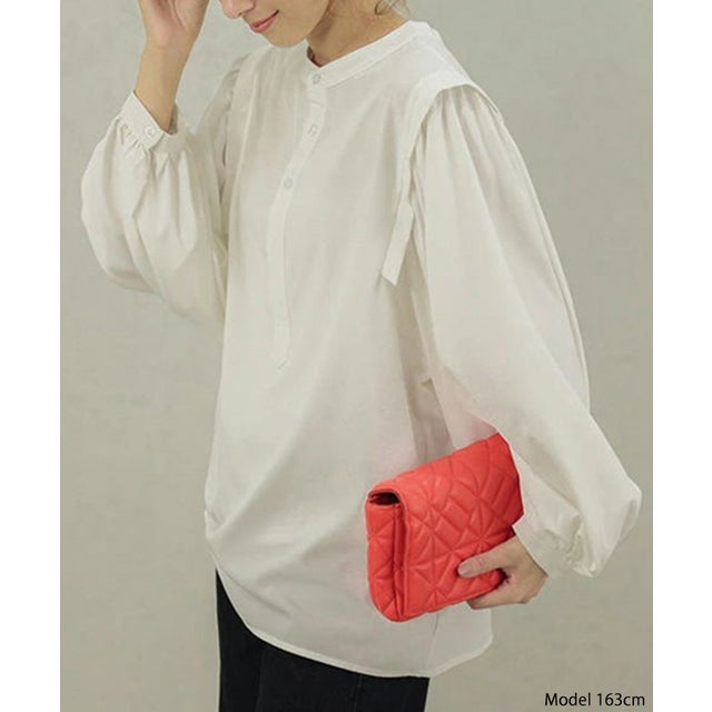 
                    バルーンスリーブノーカラーブラウス 長袖 二の腕カバー オフィスカジュアル 韓国ファッション （ホワイト）
