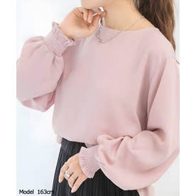 シャーリング袖ブラウス トップス ゆったり 体型カバー 二の腕カバー オフィスカジュアル きれい目 韓国ファッション （ピンク）