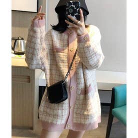 オーバーサイズツイードニットカーディガン 体型カバー きれいめカジュアル アウター 羽織り 韓国ファッション （ピンク）