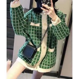 オーバーサイズツイードニットカーディガン 体型カバー きれいめカジュアル アウター 羽織り 韓国ファッション （グリーン）