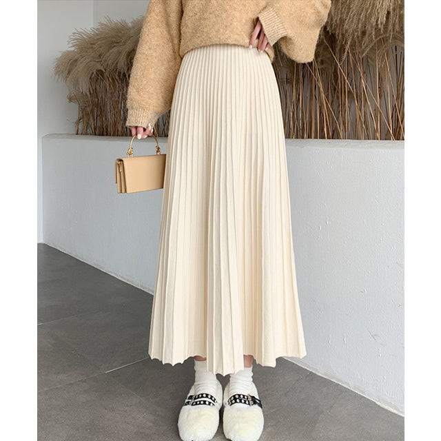 
                    ニットロングスカート マキシスカート 体型カバー リブニット 防寒 韓国ファッション （アイボリー）