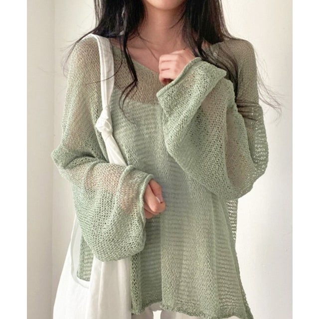 【ロングシーズン着回せる】メッシュサマールーズニット （グリーン）