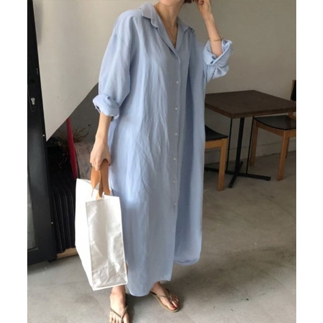 ベーシックロングシャツワンピース （ブルー）