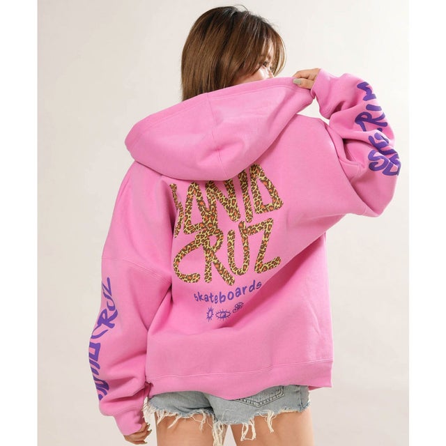 ジップアップ パーカー フーディー レディース ロゴ レオパード柄 （PINK）