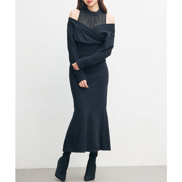 ドッキングカシュクールマーメイドニットワンピース （ブラック）