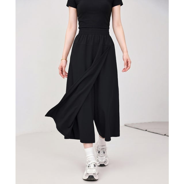 スモッキングウエストスカート 風ロングパンツ （ブラック）