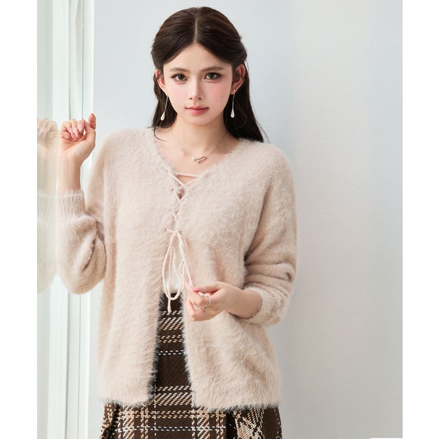 ボタンレスVネックシャギーカーディガン （ピンクベージュ）