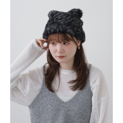 フェイクファー糸使い レオパード柄猫耳ワッチ （BK）｜詳細画像