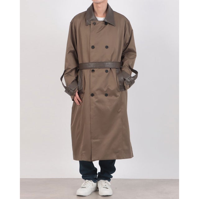 PU Leather Collar Over Trench Coat / PUレザーカラー オーバートレンチコート SNF （ブラウン）