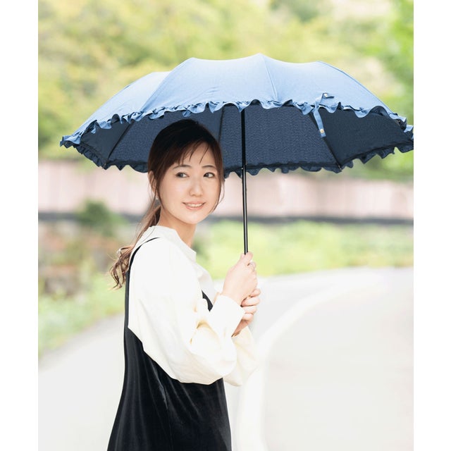 シャンブレーフリルトップレス UVカット 晴雨兼用 折りたたみ傘 23513 CLIR （ネイビー）