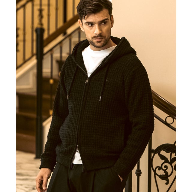 ブロックワッフルニットパーカー （black）
