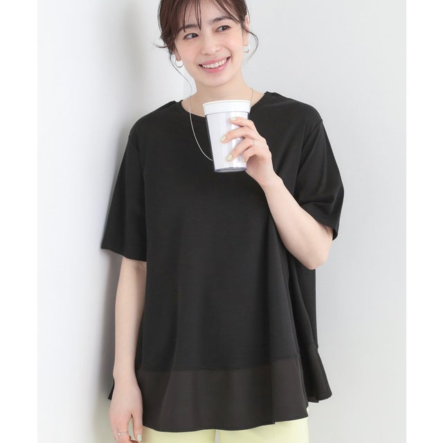 【接触冷感、UVカット、抗菌防臭】スムース 裾布帛切り替え （ブラック(019)）