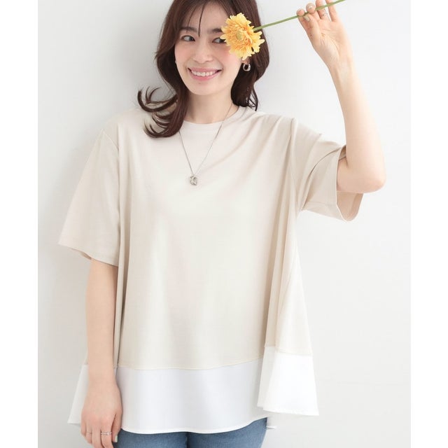【接触冷感、UVカット、抗菌防臭】スムース 裾布帛切り替え （ライトベージュ(551)）