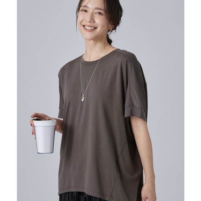 【新色追加/ひんやり/UV/S-LL/体型カバー】秋まで着られる ひやとろドルマンTシャツ （チャコールグレー(014)）