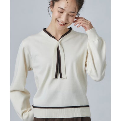 もちもち配色ボウタイニットTOPS （ベージュ(852)）｜詳細画像