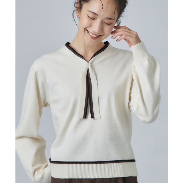 もちもち配色ボウタイニットTOPS （オフホワイト(003)）