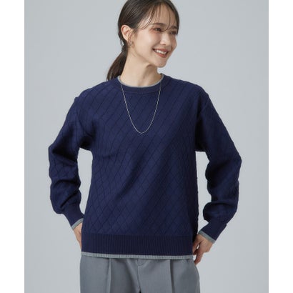 もちもちダイヤ柄配色ニットトップス （サックスブルー(090)）｜詳細画像