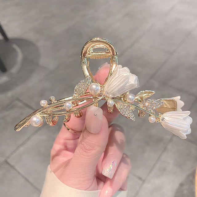 ヘアクリップ はな 髪留め 髪飾り バレッタ フラワー ヘアアクセサリー オシャ 上品 パーティー飾り （ゴールド）