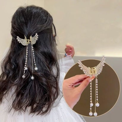 ヘアクリップ 蝶々 ゆらゆらチェーン付き まとめ髪 髪飾り ヘアアクセサリー 髪留め ヘアアレンジ （ゴールド）｜詳細画像