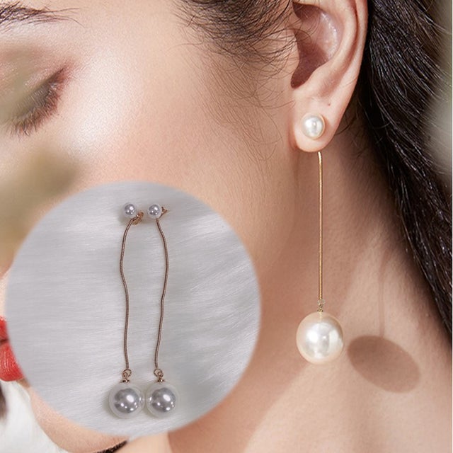 ピアス パール ロング 揺れる 大ぶりイヤリング シンプル かわいい 2way ロングピアス 人気アクセサリー （ピンクゴールド）