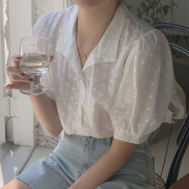 ブラウストップス 半袖 花柄刺繍ブラウス 体型カバー 立体感 薄手 無地 Tシャツ レディース トップス カットソー おしゃれ 通勤 大人可愛い カジュアル （ドット柄）