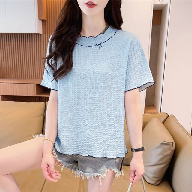 夏服Tシャツ レディース トップス クールネック 半袖Tシャツ 無地 シンプル カットソーカジュアル 春夏 韓国ファッション （ブルー）