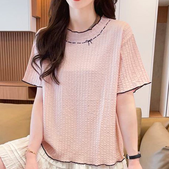 夏服Tシャツ レディース トップス クールネック 半袖Tシャツ 無地 シンプル カットソーカジュアル 春夏 韓国ファッション （ピンク）