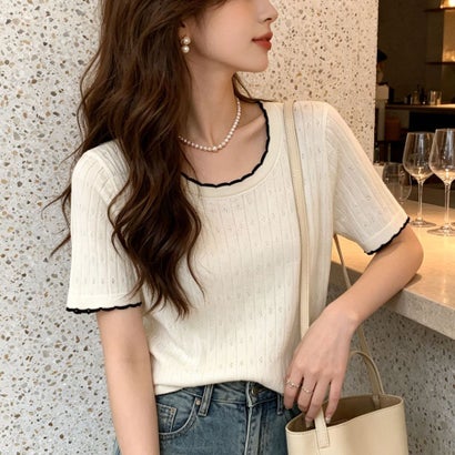 夏服Tシャツ レディース トップス クールネック 半袖Tシャツ 無地 シンプル カットソーカジュアル 春夏 韓国ファッション （ホワイト）｜詳細画像
