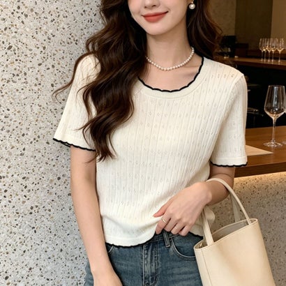 夏服Tシャツ レディース トップス クールネック 半袖Tシャツ 無地 シンプル カットソーカジュアル 春夏 韓国ファッション （ホワイト）｜詳細画像