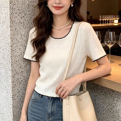 夏服Tシャツ レディース トップス クールネック 半袖Tシャツ 無地 シンプル カットソーカジュアル 春夏 韓国ファッション （ホワイト）｜詳細画像